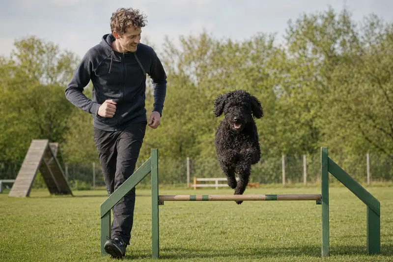 Ein Friesischer Wasserhund trainiert mit seinem Besitzer auf einem Hundeplatz über eine kleine Trainingshürde.