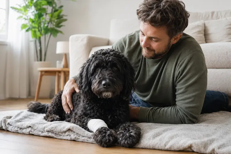 Ein Friesischer Wasserhund mit leichtem Verband an der Pfote liegt ruhig auf einer Decke, während sein erleichterter Besitzer daneben sitzt.
