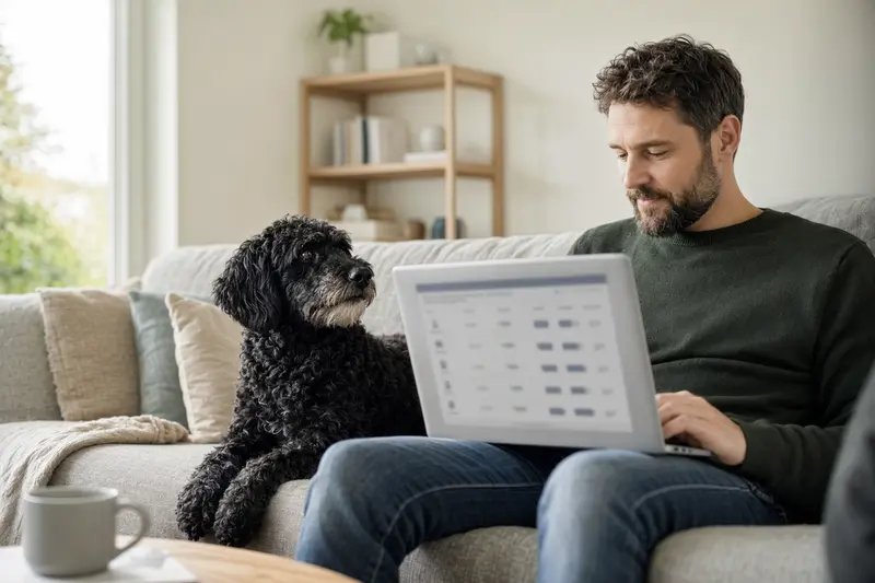 Ein Besitzer mit Laptop auf dem Sofa, neben ihm ein friesischer Wasserhund, symbolisiert die mühelose Suche nach Tierversicherungen.