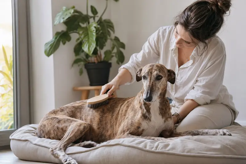 Ein Galgo Español wird in einer hellen Wohnung liebevoll gebürstet, was die regelmäßige Fellpflege und verantwortungsvolle Hundegesundheit zeigt.