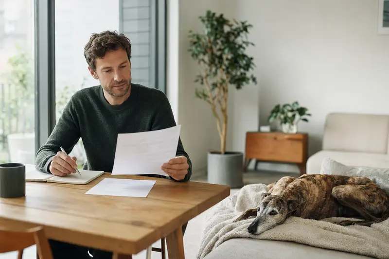 Hundebesitzer prüft die Tierarztrechnung am Tisch, während ein entspannter Galgo Español auf einer Decke liegt und das Thema Hundekrankenversicherung ruhig und realistisch zeigt.