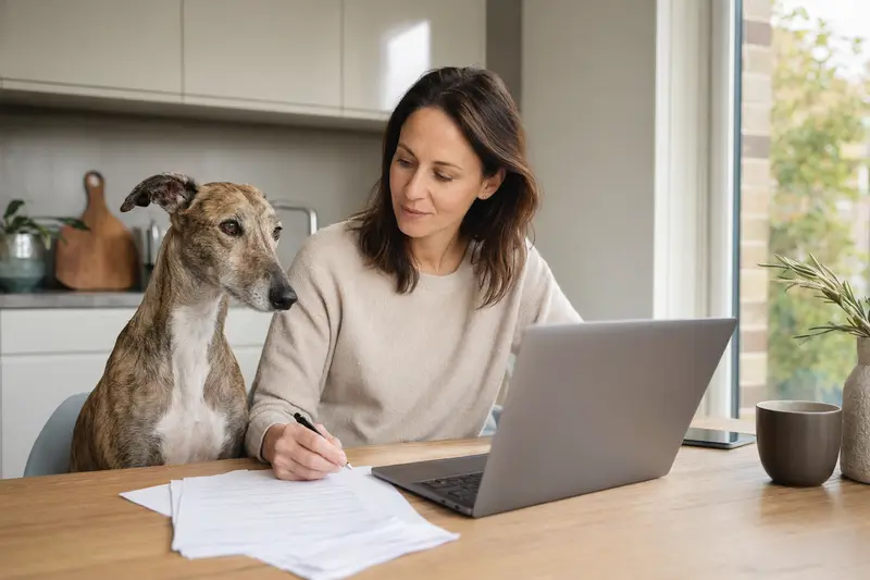 Ein Galgo Español Hund sitzt ruhig neben seinem Besitzer am Küchentisch, auf dem Versicherungsunterlagen und ein Laptop liegen.