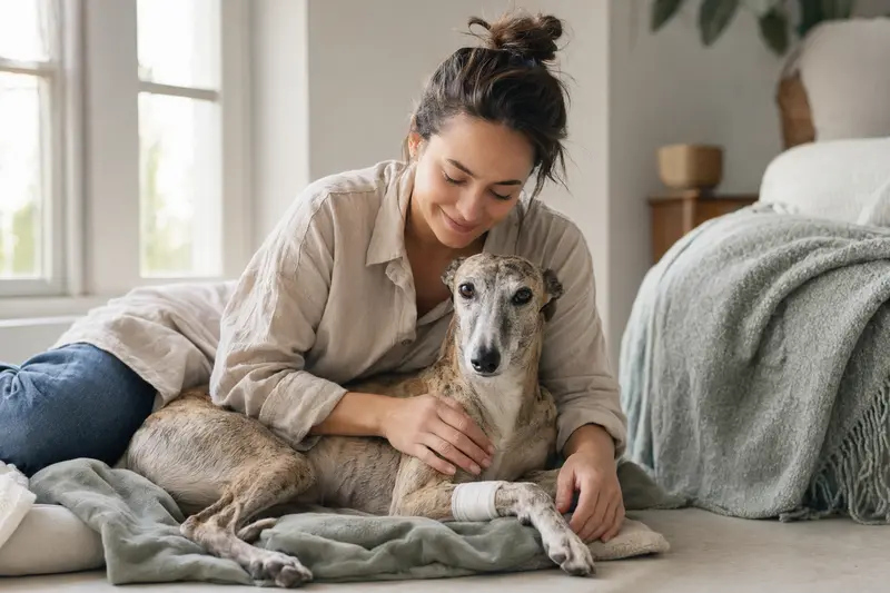 Ein Galgo Español Hund mit leichtem Verband an der Pfote liegt ruhig auf einer Decke, während sein Besitzer neben ihm sitzt und erleichtert aussieht.