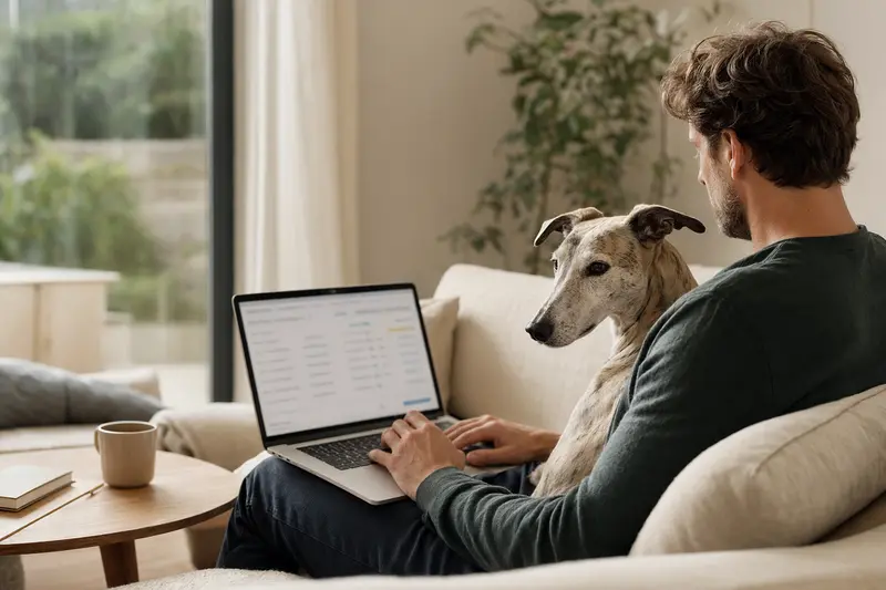 Ein Hundebesitzer mit einem Galgo Español sitzt auf dem Sofa und vergleicht Versicherungen auf einem Laptop in einer hellen, ruhigen Wohnung.