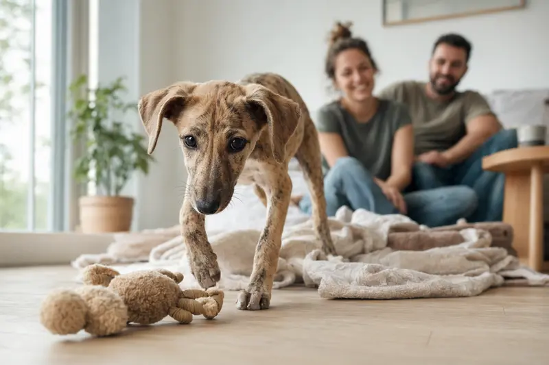 Ein neugieriger Galgo Español Welpe erkundet seine neue, freundliche Wohnung mit einer weichen Decke und Spielzeug.