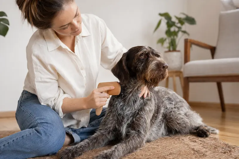 Ein Gammel Dansk Hønsehund wird in einer hellen Wohnung liebevoll gebürstet, während sein Besitzer die Fellpflege ruhig und aufmerksam übernimmt.