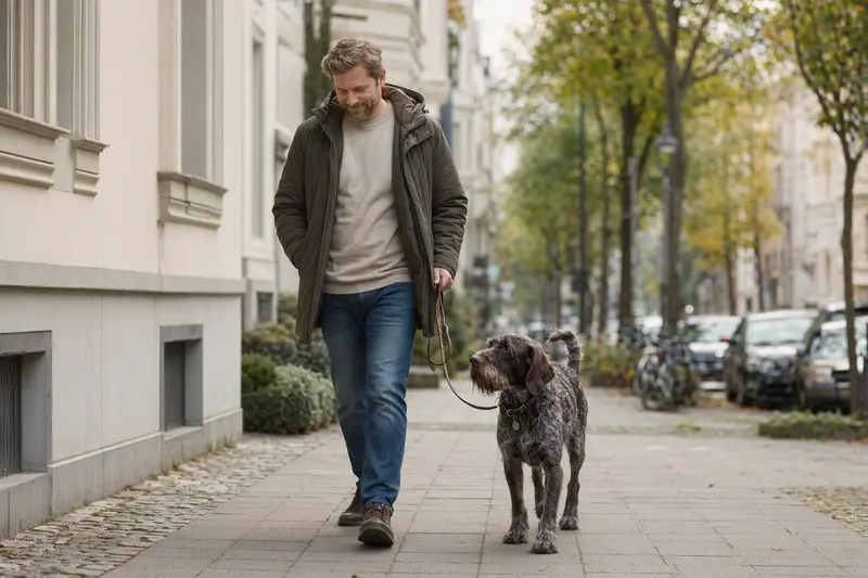 Ein Gammel Dansk Hønsehund läuft an der Leine mit seinem Besitzer durch eine freundliche Stadtstraße.