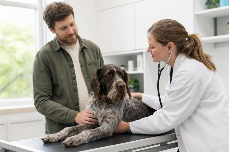 Ein Gammel Dansk Honsehund liegt entspannt auf einem Untersuchungstisch während einer tierärztlichen Untersuchung.