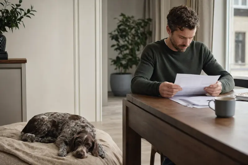 Ein Hundehalter sitzt mit einer Tierarztrechnung am Tisch, während sein Gammel Dansk Honsehund entspannt auf einer Decke liegt und die Situation ruhig wirkt.
