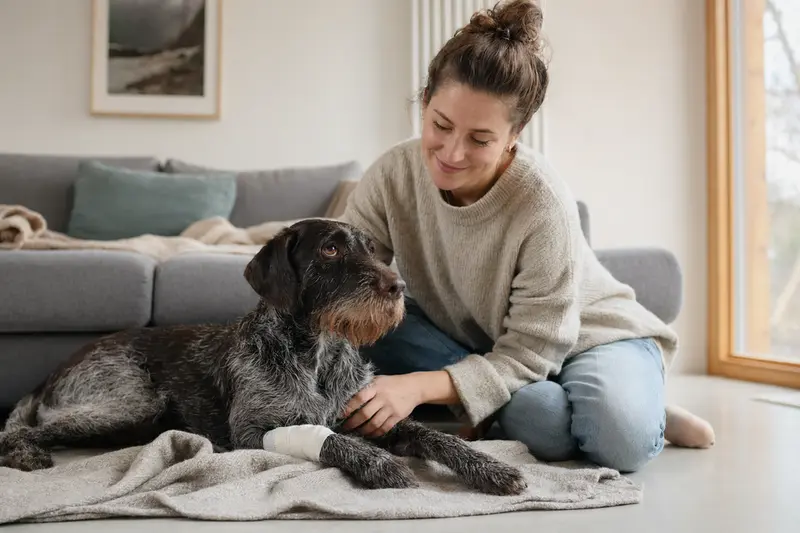 Ein Gammel Dansk Honsehund mit Verband an der Pfote liegt entspannt neben seinem erleichterten Besitzer in einer hellen Wohnung.
