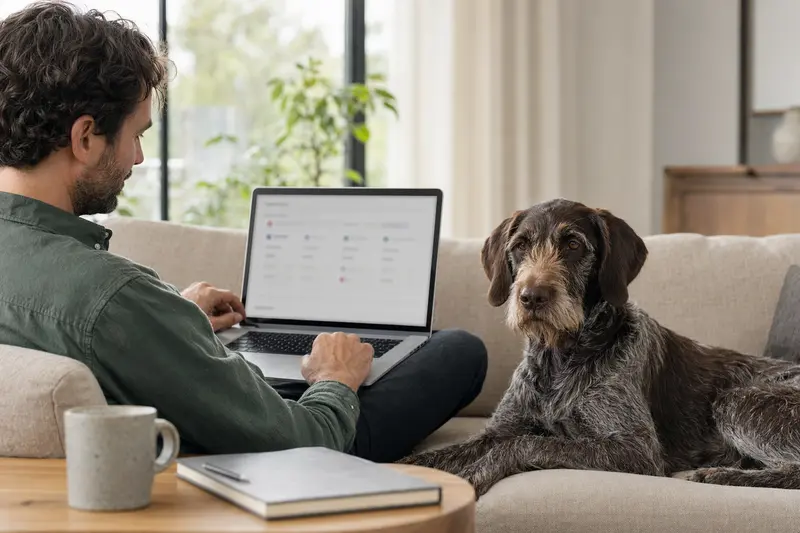 Ein Hundebesitzer sitzt mit Laptop auf dem Sofa, während ein Gammel Dansk Honsehund neben ihm liegt und eine Versicherungsvergleichsseite angezeigt wird.