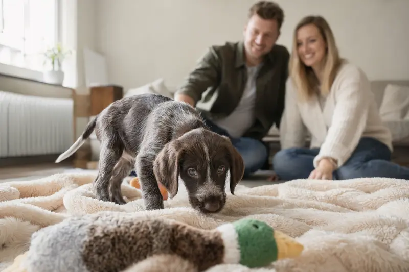 Ein neugieriger Gammel Dansk Honsehund Welpe erkundet sein neues Zuhause mit einer weichen Decke und Spielzeug, während eine liebevolle Familie im Hintergrund zu sehen ist.