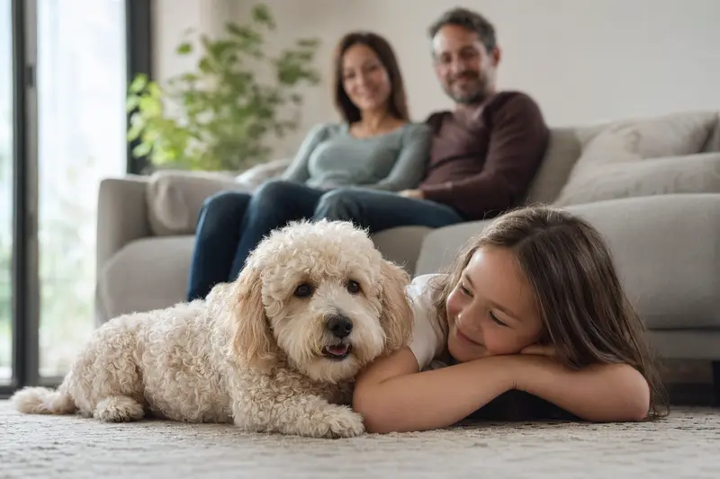 Ein gelockter Bichon liegt entspannt neben einem Kind im hellen Wohnzimmer in einer sicheren Familienatmosphäre.
