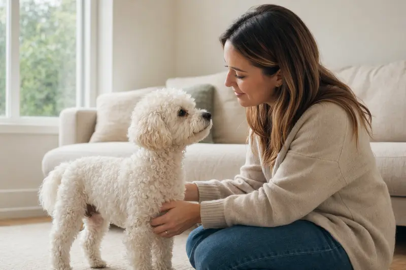 Ein gelockter Bichon steht aufmerksam vor hellem Hintergrund und zeigt das typische Erscheinungsbild der Rasse.