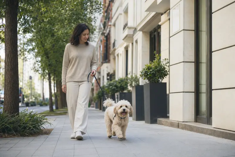 Ein gelockter Bichon läuft an der Leine mit seinem Besitzer entspannt durch eine moderne Stadtstraße.