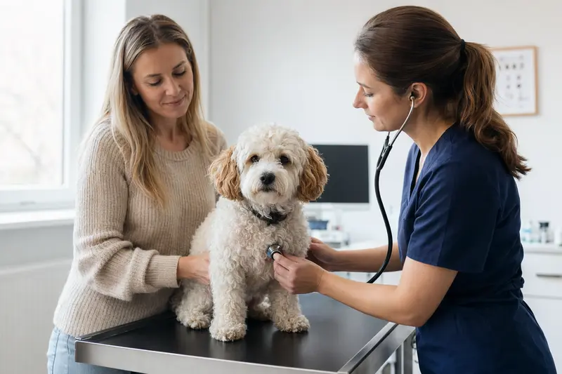 Eine Tierärztin untersucht einen ruhigen gelockten Bichon-Hund mit dem Stethoskop, während der Besitzer beruhigend neben dem Untersuchungstisch steht.