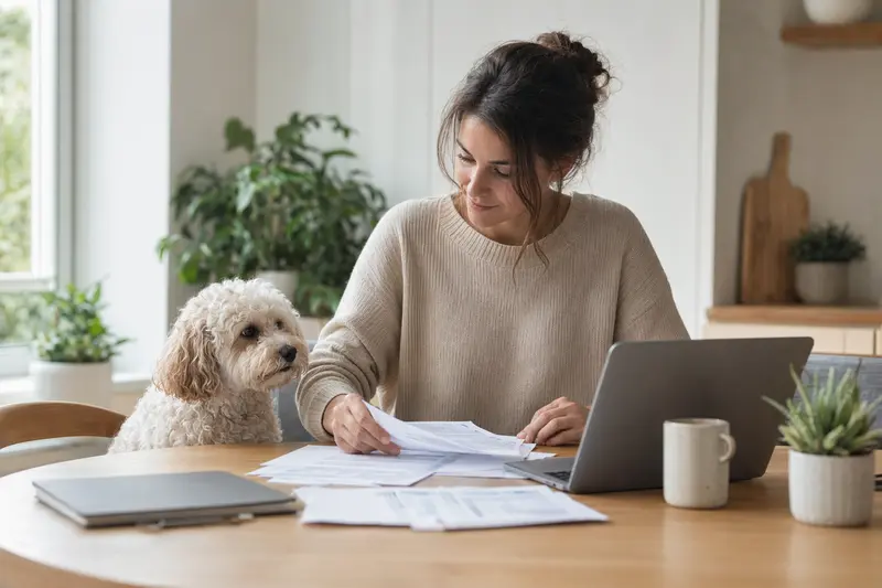 Gelockter Bichon sitzt ruhig neben seinem Besitzer am Küchentisch mit Versicherungsunterlagen und Laptop zur Hundekrankenversicherung.