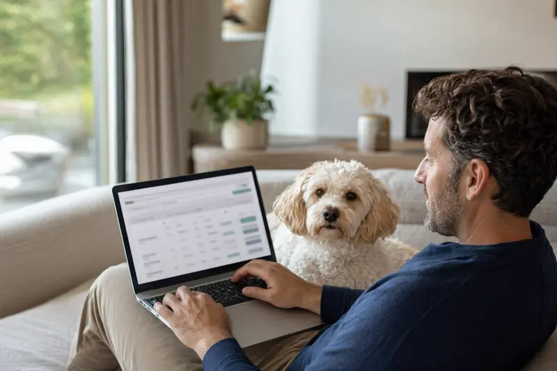 Ein Hundebesitzer sitzt mit Laptop auf dem Sofa, neben ihm ein gelockter Bichon Hund, während sie einen Versicherungsvergleich auf dem Bildschirm betrachten.