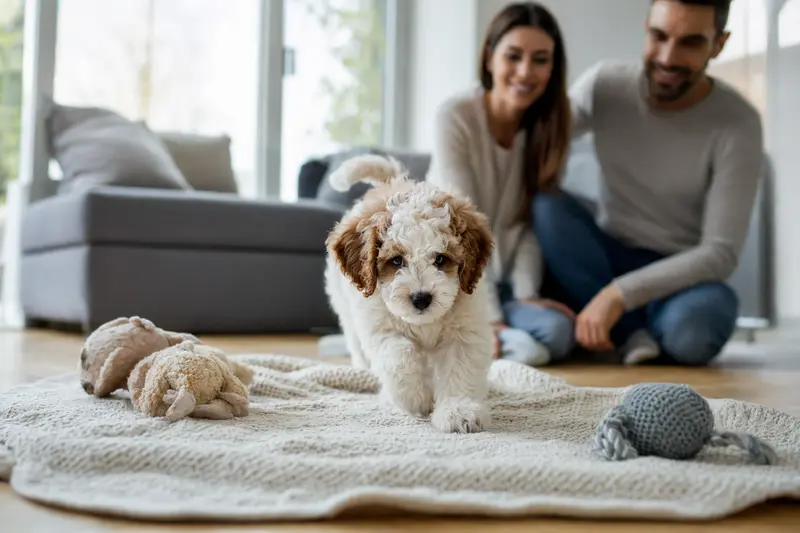 Ein junger gelockter Bichon-Welpe entdeckt neugierig sein neues Zuhause in einer hellen Wohnung mit weicher Decke und Spielzeug, während seine Familie im Hintergrund steht.