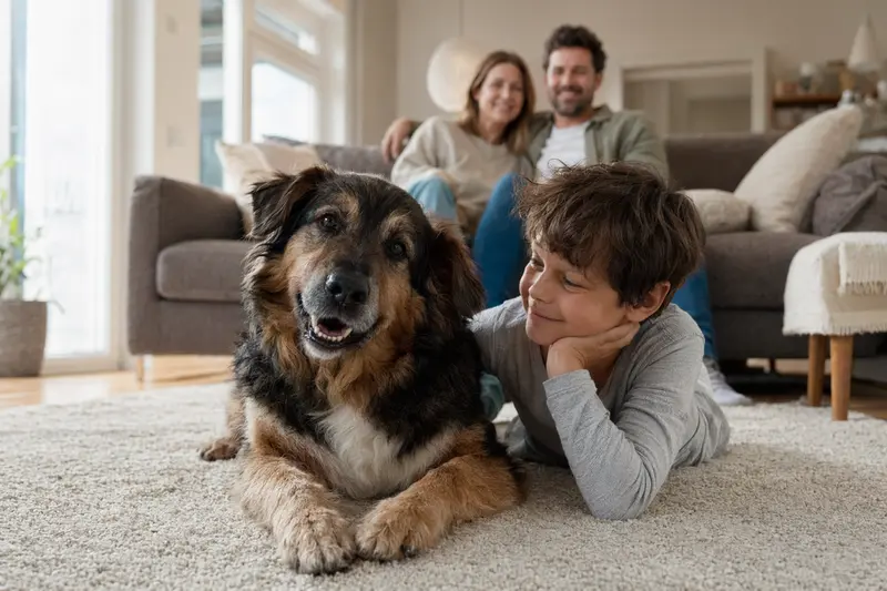 Ein Germanischer Bärenhund liegt entspannt neben einem Kind im Wohnzimmer, während die Eltern im Hintergrund eine warme Familienatmosphäre schaffen.