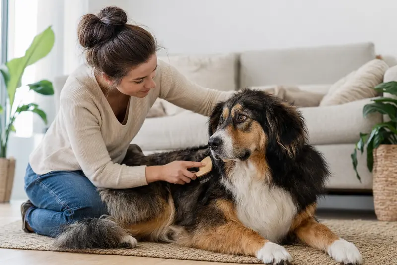 Ein Germanischer Bärenhund wird zuhause liebevoll gebürstet, was die regelmäßige Fellpflege und Gesundheitsvorsorge beim Hund zeigt.