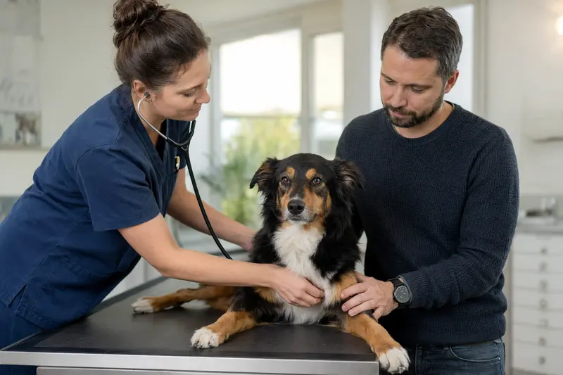 Ein ruhiger Germanischer Bärenhund auf dem Untersuchungstisch einer modernen Tierarztpraxis wird von einer freundlichen Tierärztin mit einem Stethoskop untersucht, während der beruhigende Besitzer daneben steht.