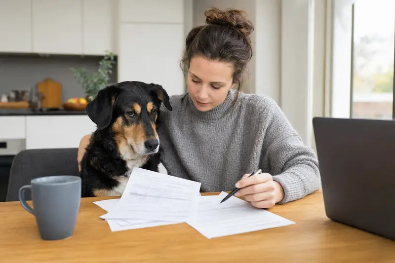 Ein Germanischer Bärenhund sitzt ruhig neben seinem Besitzer am Küchentisch, während Versicherungsunterlagen und ein Laptop mit einer Vergleichsseite sichtbar sind.