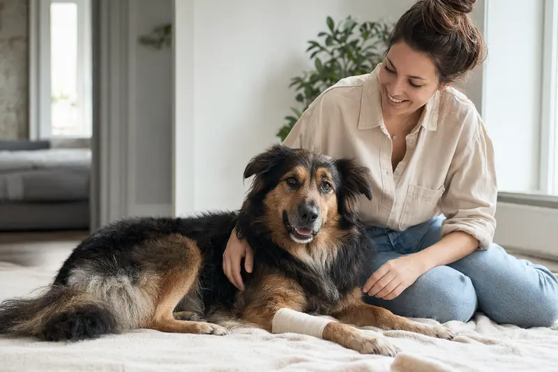 Ein Germanischer Bärenhund mit einem leichten Verband an der Pfote liegt entspannt auf einer Decke, während sein erleichterter Besitzer daneben sitzt.