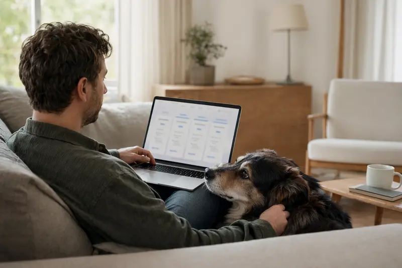 Ein Hundehalter sitzt auf dem Sofa mit einem Laptop, neben ihm ein Germanischer Bärenhund, die Versicherungsvergleichsseite ist unscharf im Hintergrund sichtbar.