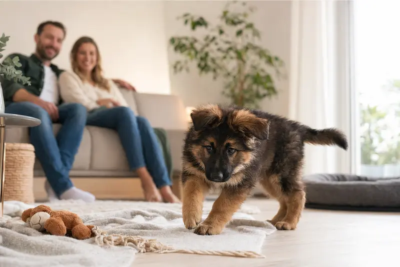 Ein neugieriger Germanischer Bärenhund Welpe erkundet sein neues Zuhause mit einer weichen Decke und Spielzeug.