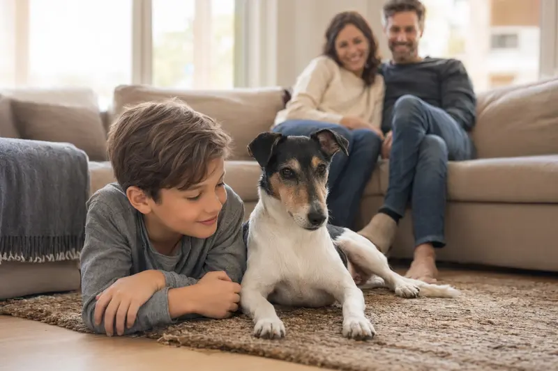 Ein freundlicher Glatthaar-Foxterrier liegt entspannt neben einem Kind im Wohnzimmer, während die Eltern im Hintergrund stehen.