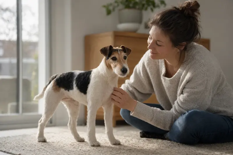 Ein aufmerksamer Glatthaar-Foxterrier steht in natürlicher Haltung vor hellem Hintergrund.