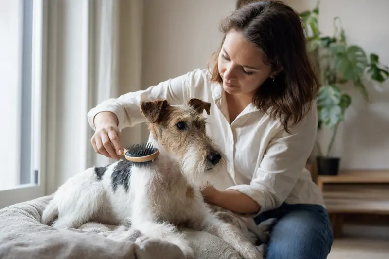Ein Glatthaar-Foxterrier wird in einer hellen Wohnung liebevoll gebürstet, während der Besitzer die Fellpflege ruhig und sorgfältig übernimmt.