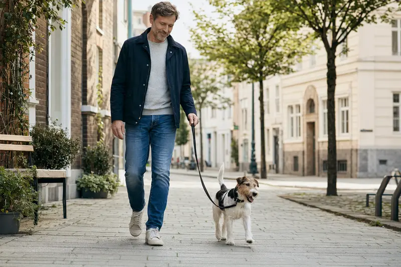 Ein Glatthaar-Foxterrier läuft an der Leine mit seinem Besitzer durch eine moderne Stadtstraße.