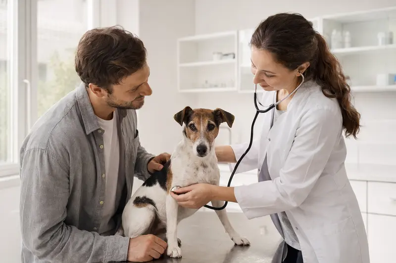 Ein freundlicher Glatthaar-Foxterrier wird von einer Tierärztin mit einem Stethoskop untersucht, während sein Besitzer beruhigend an seiner Seite steht.