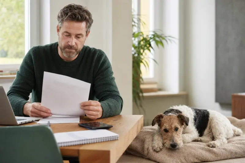 Ein Hundehalter sitzt mit einer Tierarztrechnung am Tisch, während ein entspannter Glatthaar-Foxterrier auf einer Decke daneben liegt.