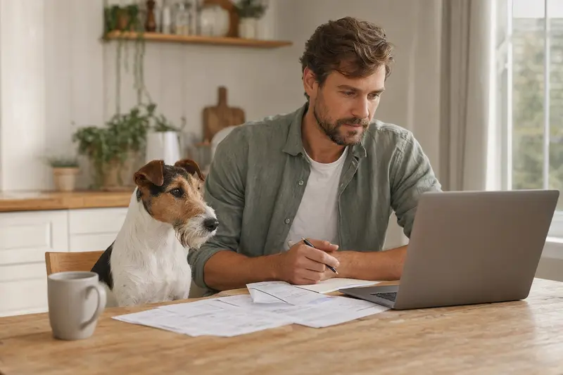 Ein Glatthaar-Foxterrier sitzt neben seinem Besitzer am Küchentisch mit Versicherungsunterlagen und Laptop zur Tierkrankenversicherung.