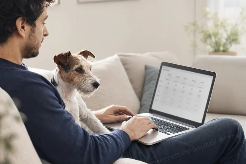 Ein Hundebesitzer sitzt mit einem Glatthaar-Foxterrier auf dem Sofa und vergleicht Tierversicherungen auf seinem Laptop in einer ruhigen Wohnung.
