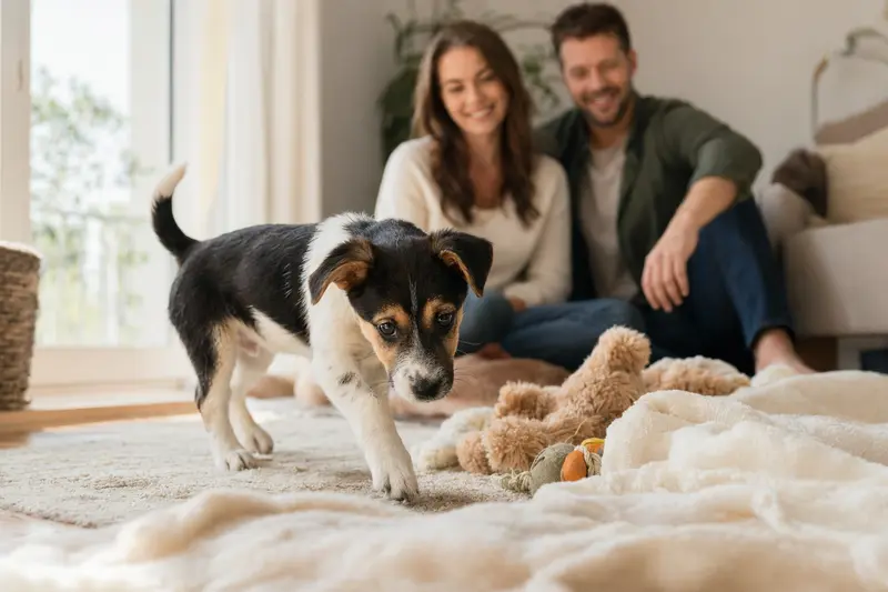 Ein neugieriger Glatthaar-Foxterrier Welpe entdeckt seine liebevolle Familie in einer hellen, freundlichen Wohnung.