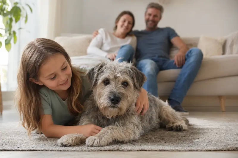 Ein Glen of Imaal Terrier liegt entspannt neben einem Kind im Wohnzimmer, während die Eltern im Hintergrund eine sichere Familienatmosphäre schaffen.