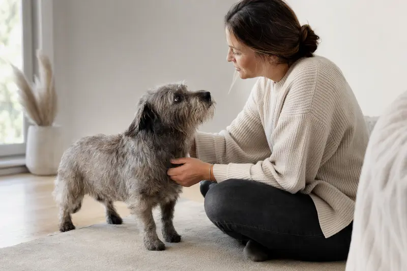 Ein aufmerksam stehender Glen of Imaal Terrier vor hellem neutralem Hintergrund in einem professionellen Tierporträt.