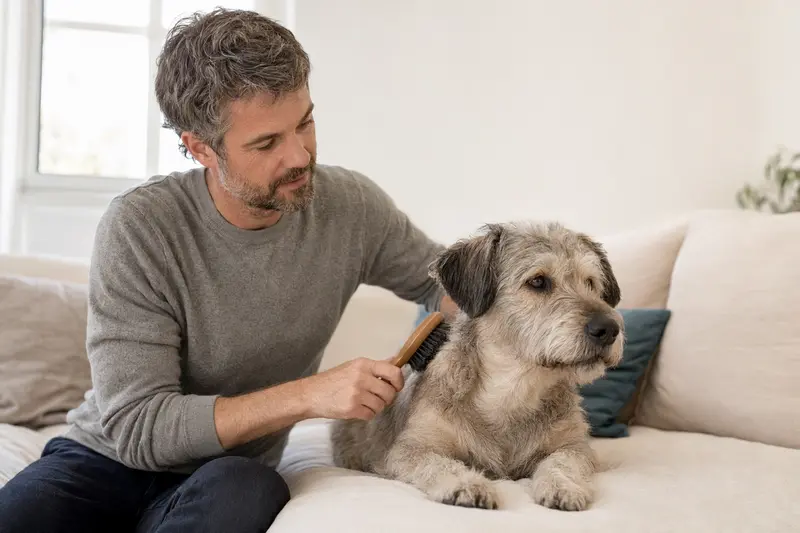 Ein Glen of Imaal Terrier wird in einer hellen Wohnung sanft gebürstet, während sich sein Besitzer liebevoll um die Fellpflege kümmert.