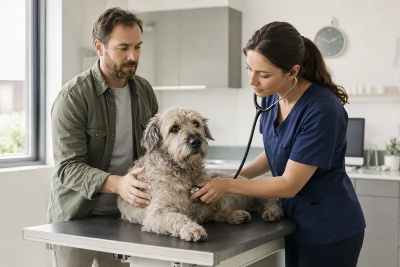 Ein Glen of Imaal Terrier wird von einer freundlichen Tierärztin in einer modernen Praxis mit Stethoskop untersucht.