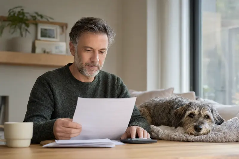 Ein Hundehalter sitzt mit einer Tierarztrechnung am Tisch, während ein entspannter Glen of Imaal Terrier auf einer Decke liegt und an Tierarztkosten erinnert.