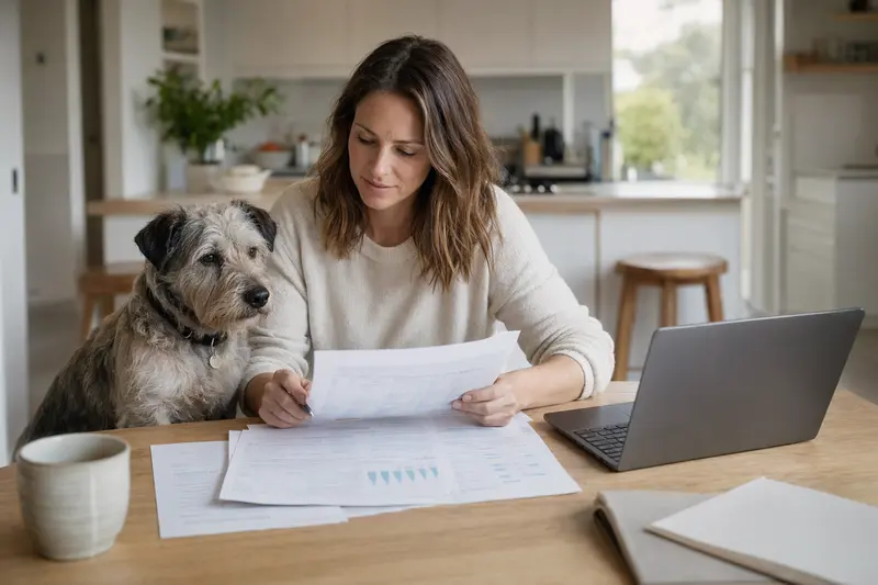 Ein ruhiger Glen of Imaal Terrier sitzt neben seinem Besitzer am Küchentisch, während Versicherungsunterlagen und ein Laptop auf dem Tisch liegen.
