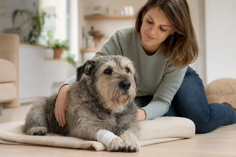 Ein Glen of Imaal Terrier mit leichtem Verband an der Pfote liegt entspannt auf einer Decke, während sein Besitzer neben ihm sitzt und erleichtert wirkt.