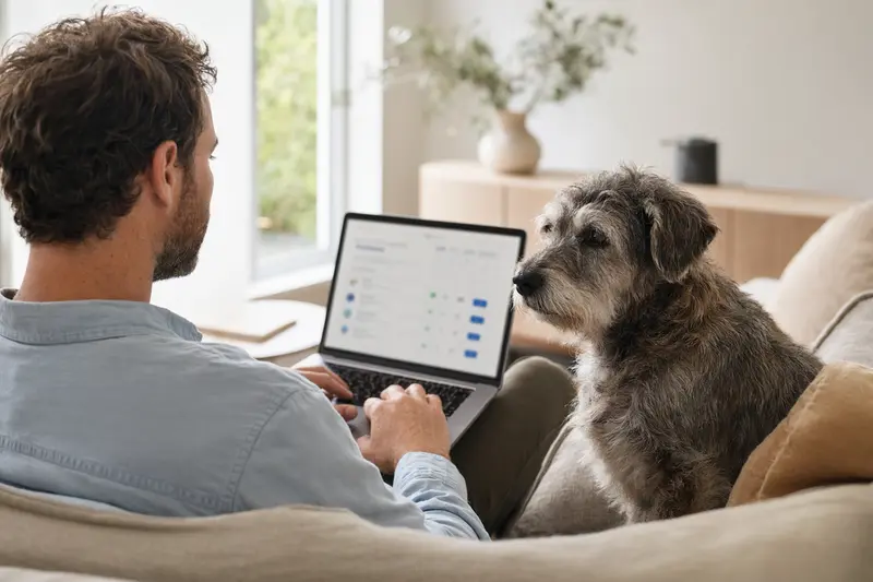 Ein Hundebesitzer arbeitet am Laptop auf dem Sofa, während ein Glen of Imaal Terrier daneben sitzt, was die Sicherheit und einfache Entscheidung für eine Tierkrankenversicherung symbolisiert.