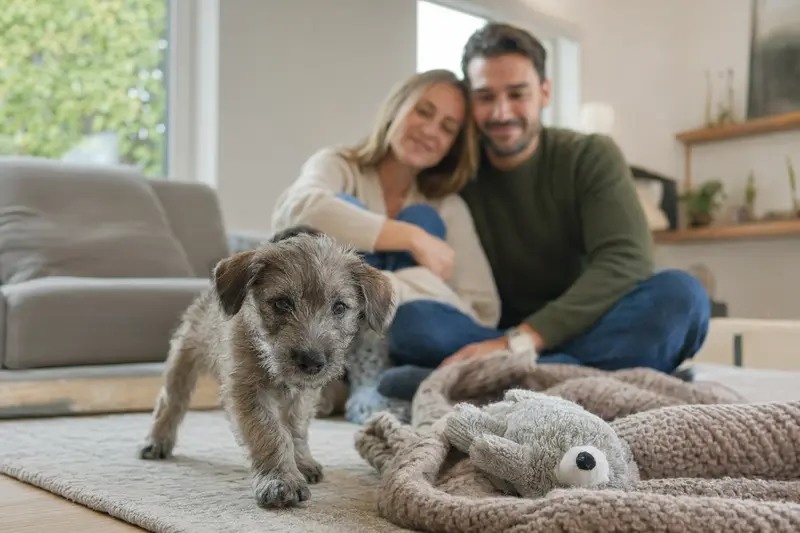 Ein junger Glen of Imaal Terrier Welpe erkundet neugierig sein neues Zuhause mit einer weichen Decke und Spielzeug im Vordergrund.