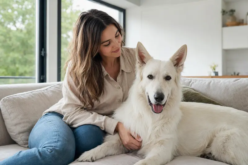 Ein freundlicher weißer Schäferhund sitzt entspannt neben seinem Halter in einer hellen Wohnung und vermittelt Vertrauen rund um die Hundekrankenversicherung.