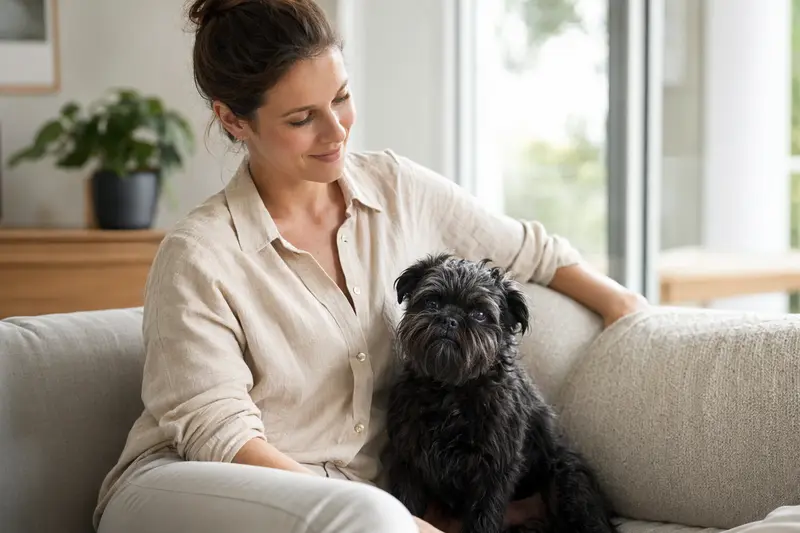 Ein fröhlicher Affenpinscher sitzt entspannt neben seinem Besitzer in einer modernen Wohnung.